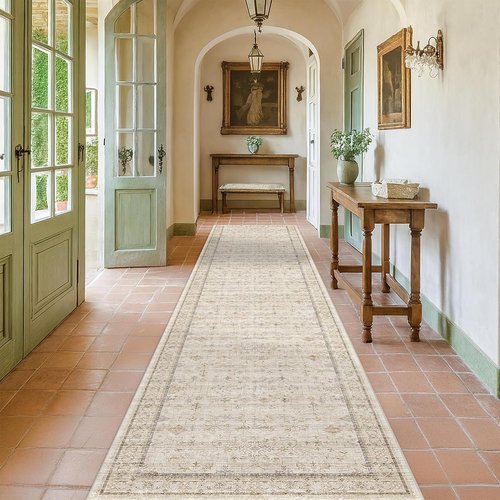 Beige Cream Runner Rug - 2x10 Long Non-Slip Geometric Floral Kitchen Mat | Washable & Soft