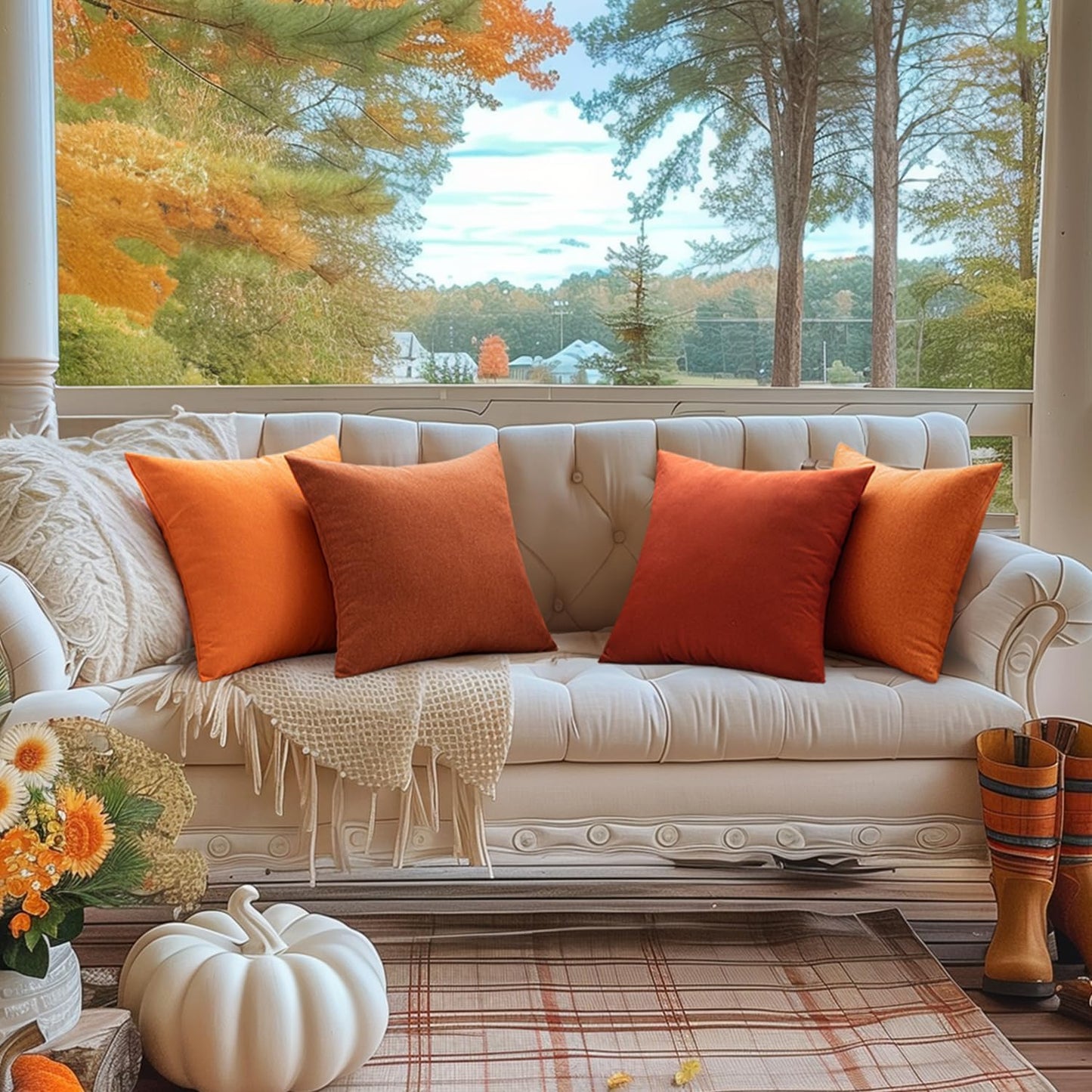 MIULEE Waterproof Outdoor Throw Pillow Covers - Pack of 2 Faux Linen Euro Sham Cushion Cases | 24x24 Inch Bright Orange for Summer Patio & Garden