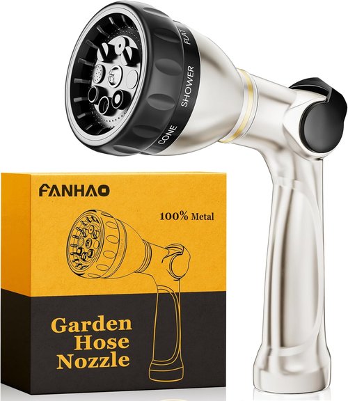FANHAO Heavy Duty Garden Hose Nozzle - 100% Metal with 8 Spray Patterns for Efficient Watering & Cleaning