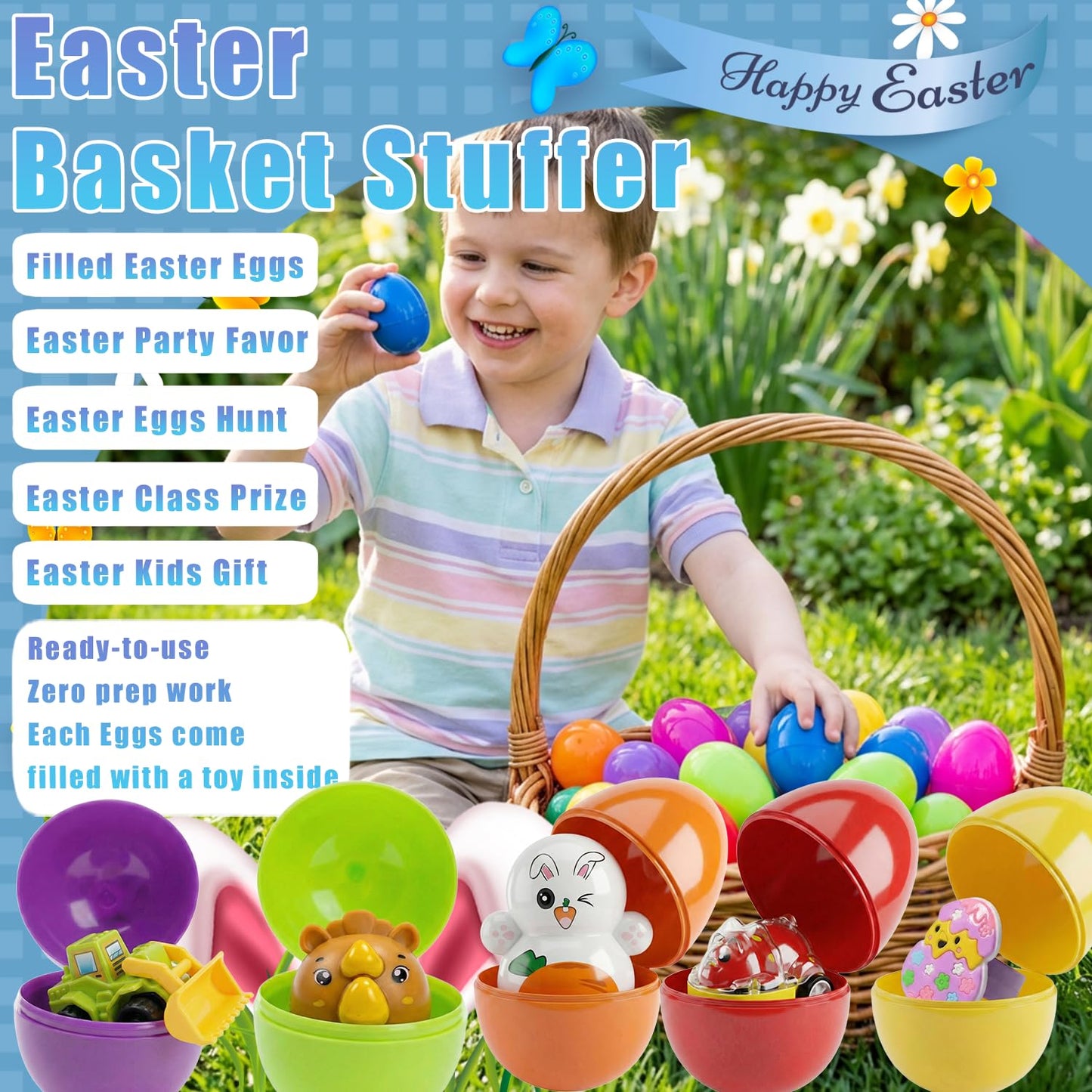 SQZUWIT 200 Pcs Prefilled Easter Eggs Filled with Toys Inside for Kids Boys Girls Pre-filled Easter Hunt Basket Stuffers Essentials Fillers Party Favors Classroom Prize Supplies