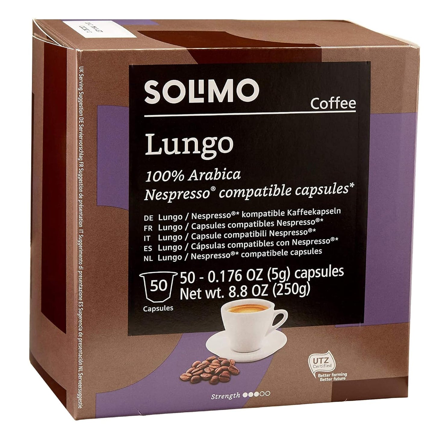 Solimo Lungo Capsules - Medium Roast Coffee Pods Compatible with Nespresso Brewers | 50 Count