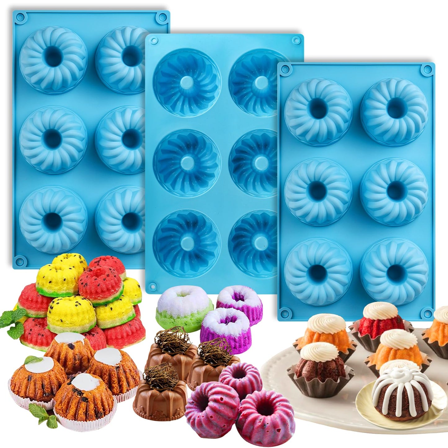 Palksky 3PCS 6-Cavity Mini Fluted Tube Pan Silicone Non-Stick Multi-Cavity small Cake Baking Pan, mini moldes para chocoflan