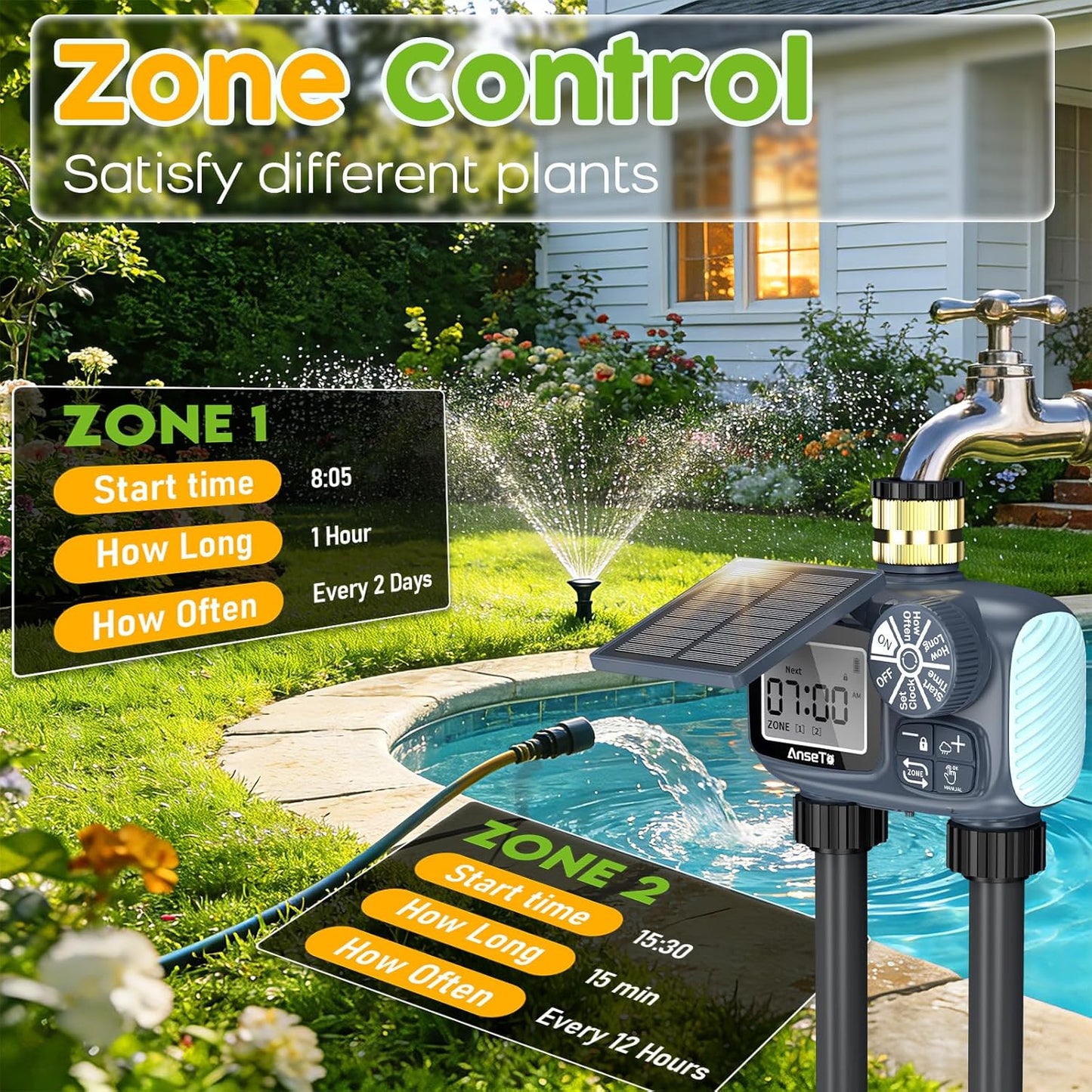 Skiennix Solar Sprinkler Timer - Programmable Brass Inlet Hose Timer for Efficient Garden Watering | 2 Outlet