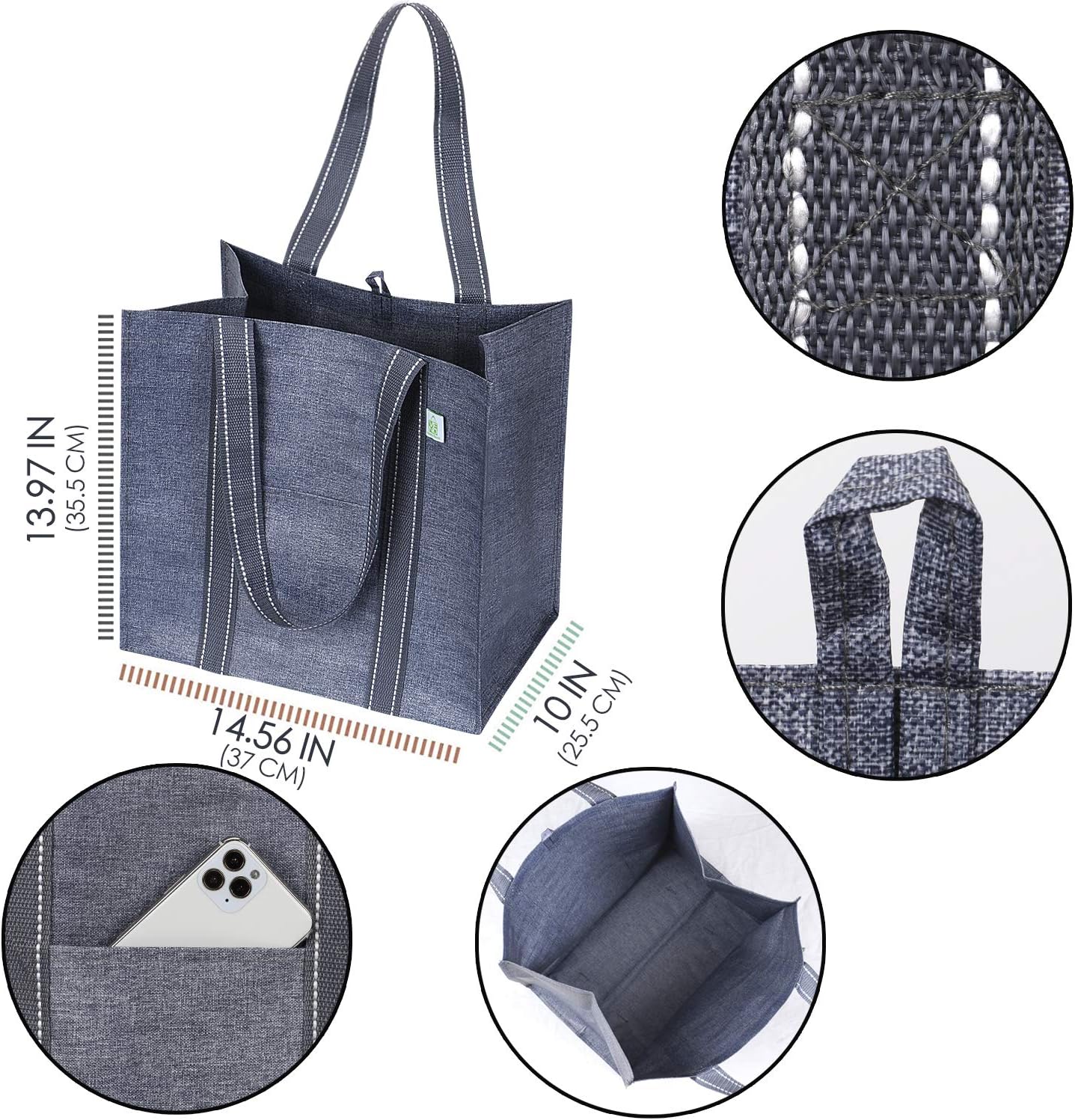 VENO Reusable Grocery Bags - Heavy-Duty Shopping Bags with Handles | Foldable, Hard Bottom, Gray (4 Pack)