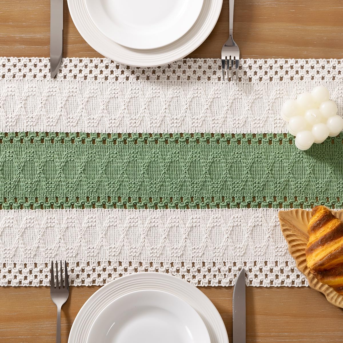 Socomi Boho Table Runner Macrame Summer Farmhouse Woven Cotton Linen Rustic Coffee Table Runner with Tassels for Dresser Scarf Home Decor Dining Room 12x90 inch Sage Green Ivory