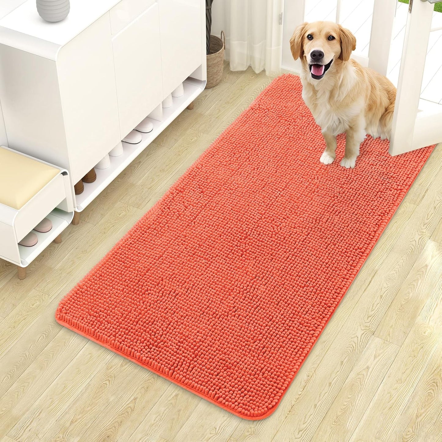 OLANLY Dog Door Mat - Absorbent Non-Slip Chenille Mat for Muddy Paws | 44x24 Coral Indoor Entryway Carpet