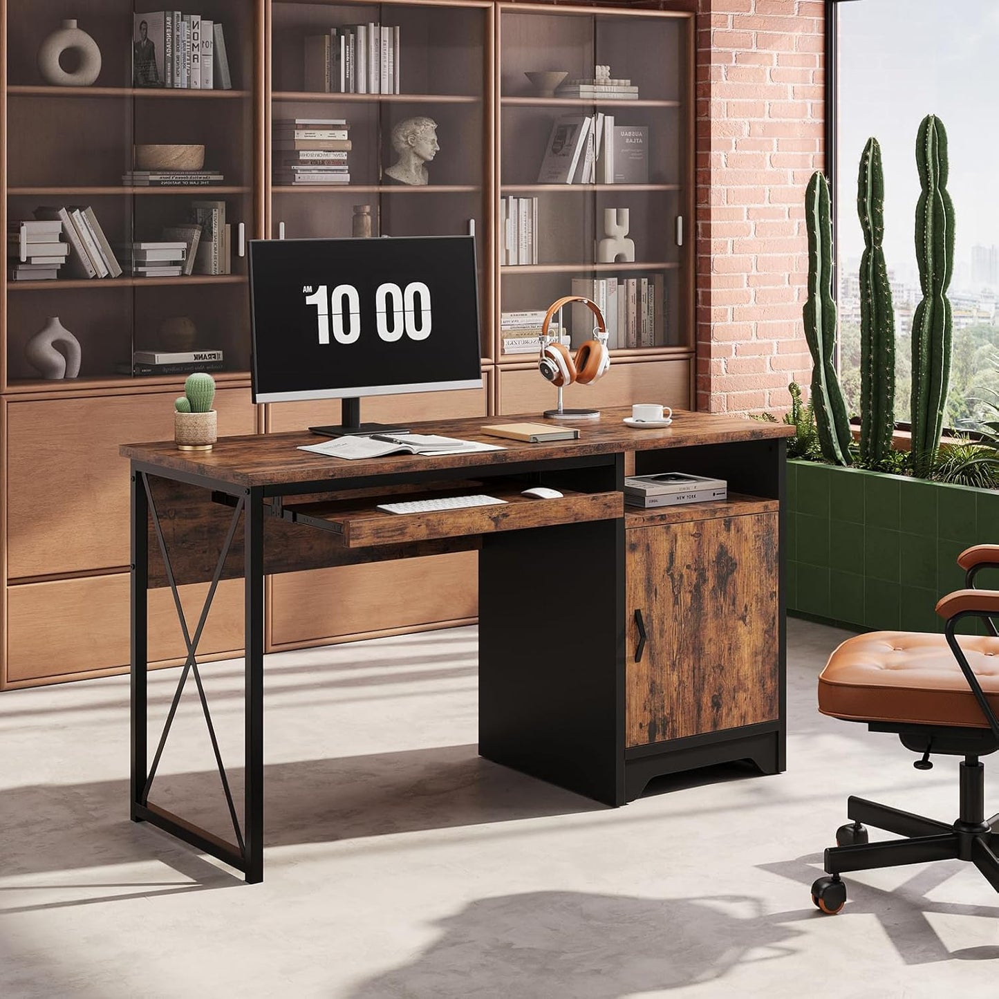 Bestier Office Desk - 47-Inch Industrial Computer Desk with Keyboard Tray & Storage | Rustic Brown