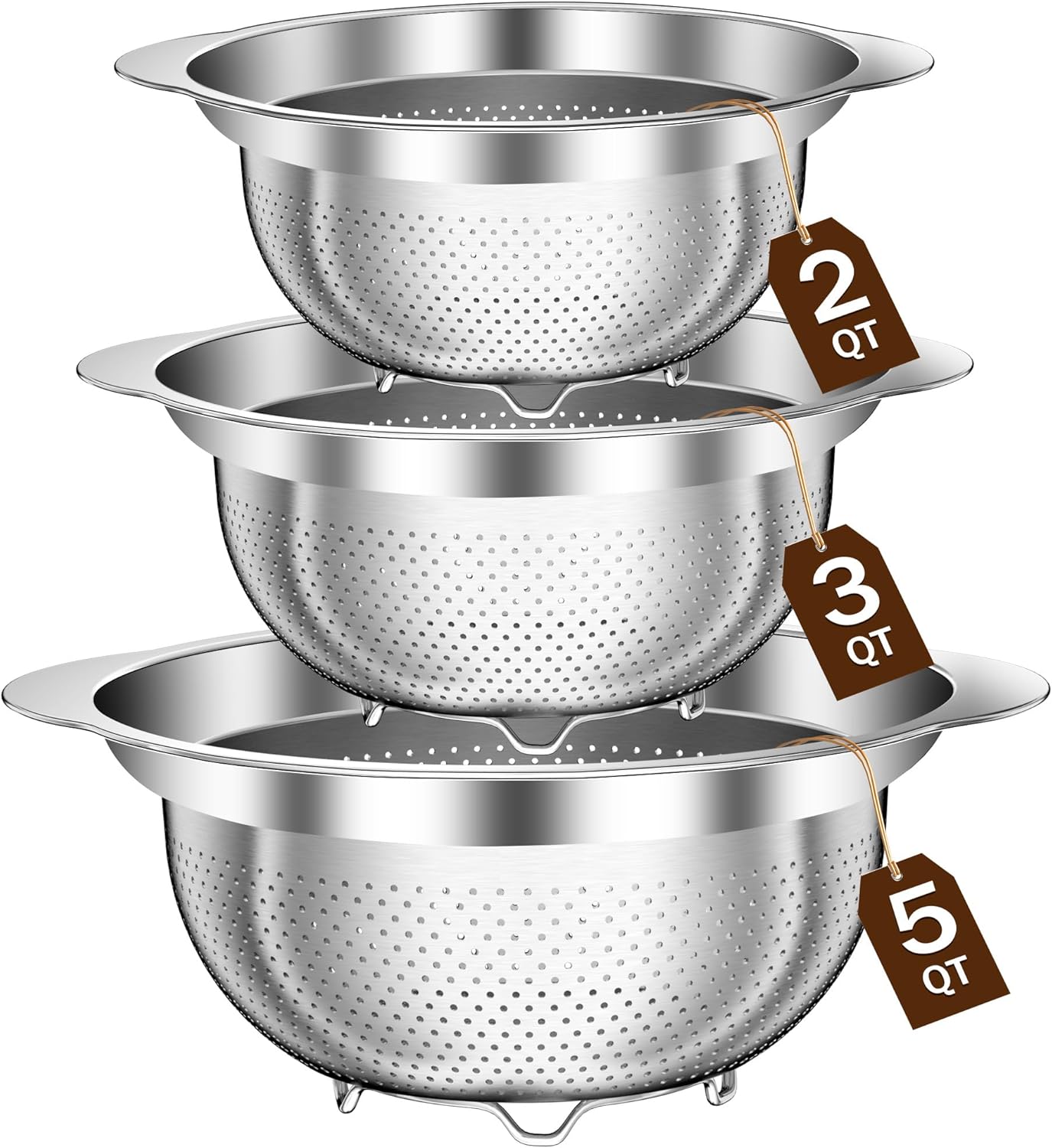 Skiennix Stainless Steel Colander Set - 3-Piece Strainer for Pasta & Fruits | Dishwasher Safe (2QT, 3QT, 5QT)