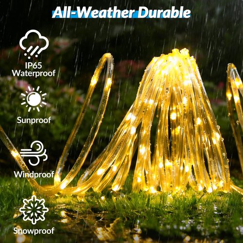 Fairdeer Solar Rope Lights, 33FT 100 LED Solar Fairy Lights with 8 Lighting Modes, IP65 Waterproof Strip Light Outdoor for Garden Yard Patio Deck Fence Tree Party Holiday Decoration, Warm White