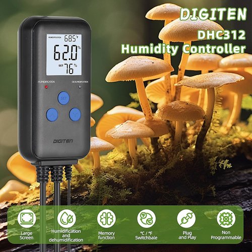 DIGITEN Digital Humidity Controller - Pre-Wired Humidistat with Temperature Display | Dual-Stage Outlet for Reptiles, Greenhouses, and Grow Tents
