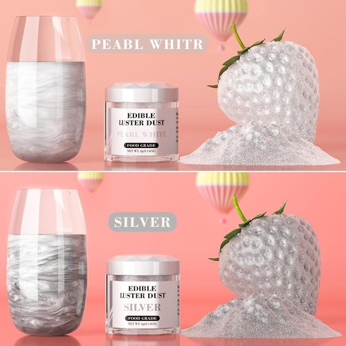 Cherrysea Luster Dust Edible Set - Food Grade Shimmer Powder for Cakes & Cocktails | 4g Bottles - Silver & White