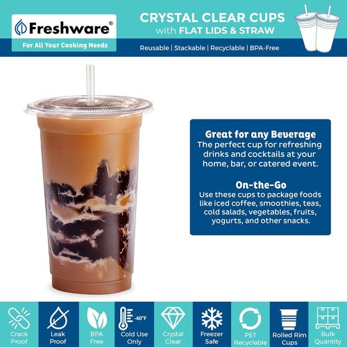 Freshware Clear Plastic Cups - 20 oz Disposable Tumblers with Flat Lids & Straws | Perfect for Iced Coffee, Smoothies & Cold Drinks