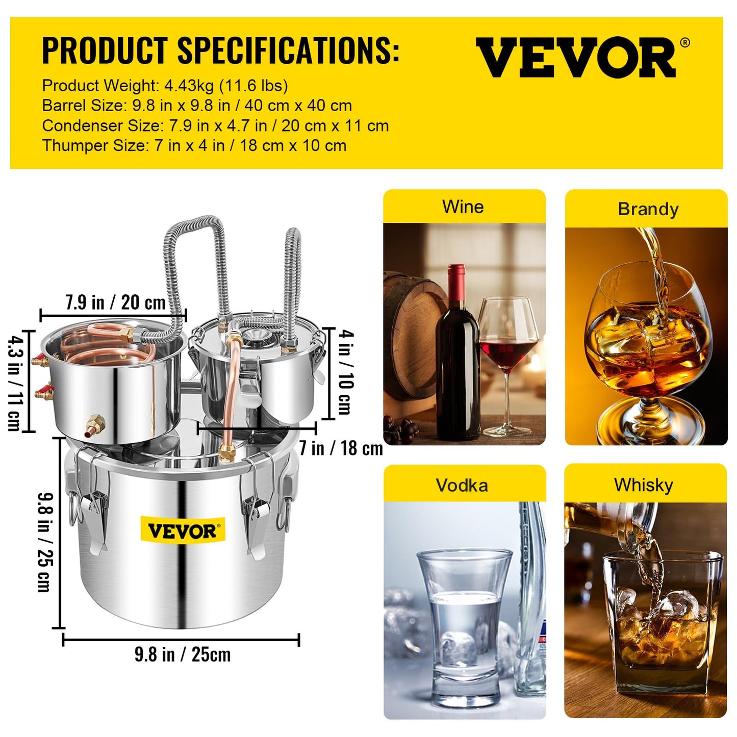 VEVOR Alcohol Still, 3 Gallon, Stainless Steel Alcohol Distiller with Copper Tube & Build-in Thermometer & Water Pump, Double Thumper Keg Home Brewing Kit, for DIY Whiskey Wine Brandy