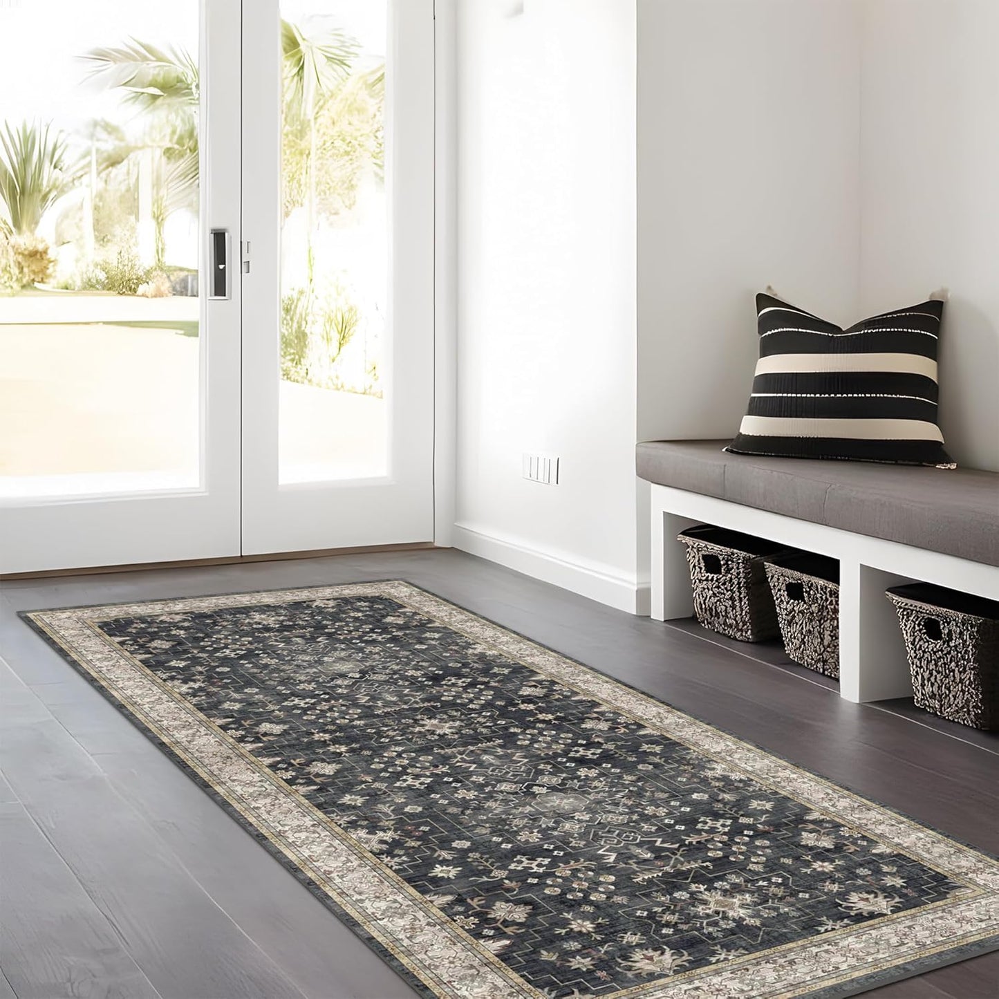 Skiennix Large Black Boho Kitchen Runner Rug - Washable, Non-Slip, Stain & Fade Resistant | Vintage Floral Design, 3x6 ft