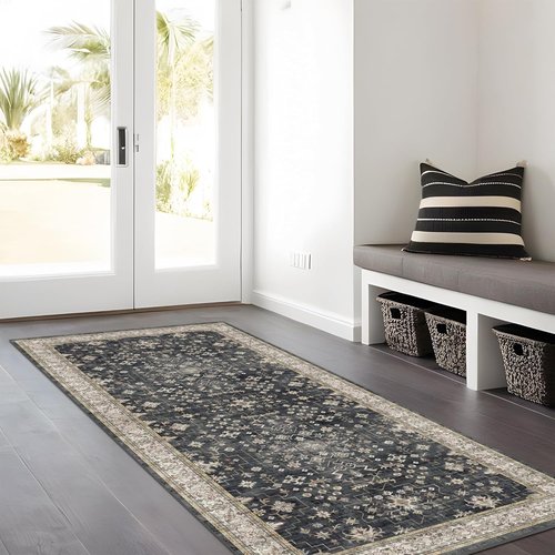 Boho Black Kitchen Runner Rug - Washable 3x6 Non-Slip & Stain Resistant | Vintage Floral Design