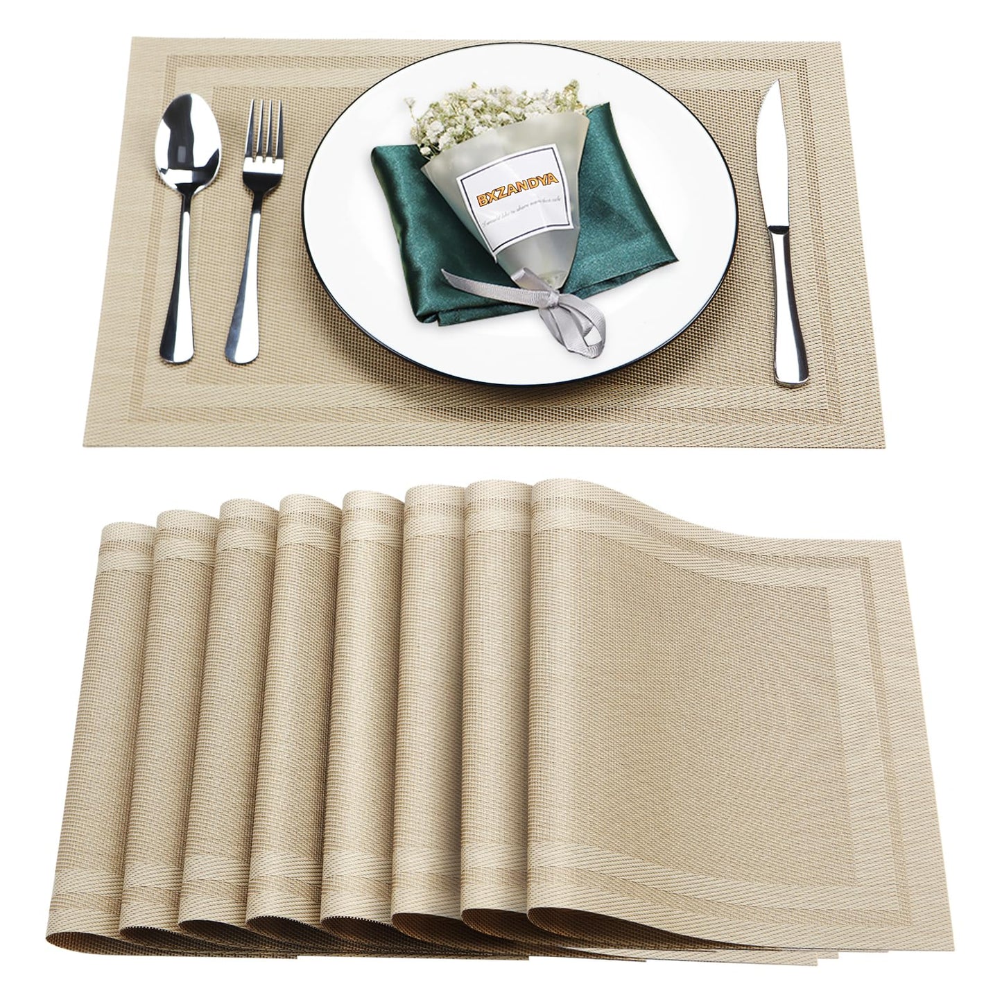Bxzandya Placemats Set of 8,Washable,Heat and Stain Resistant Indoor/Outdoor Place mats,Vinyl Woven Non Slip Table Mats for Restaurant Table Protection,PVC Placemats(Beige,8PCS)