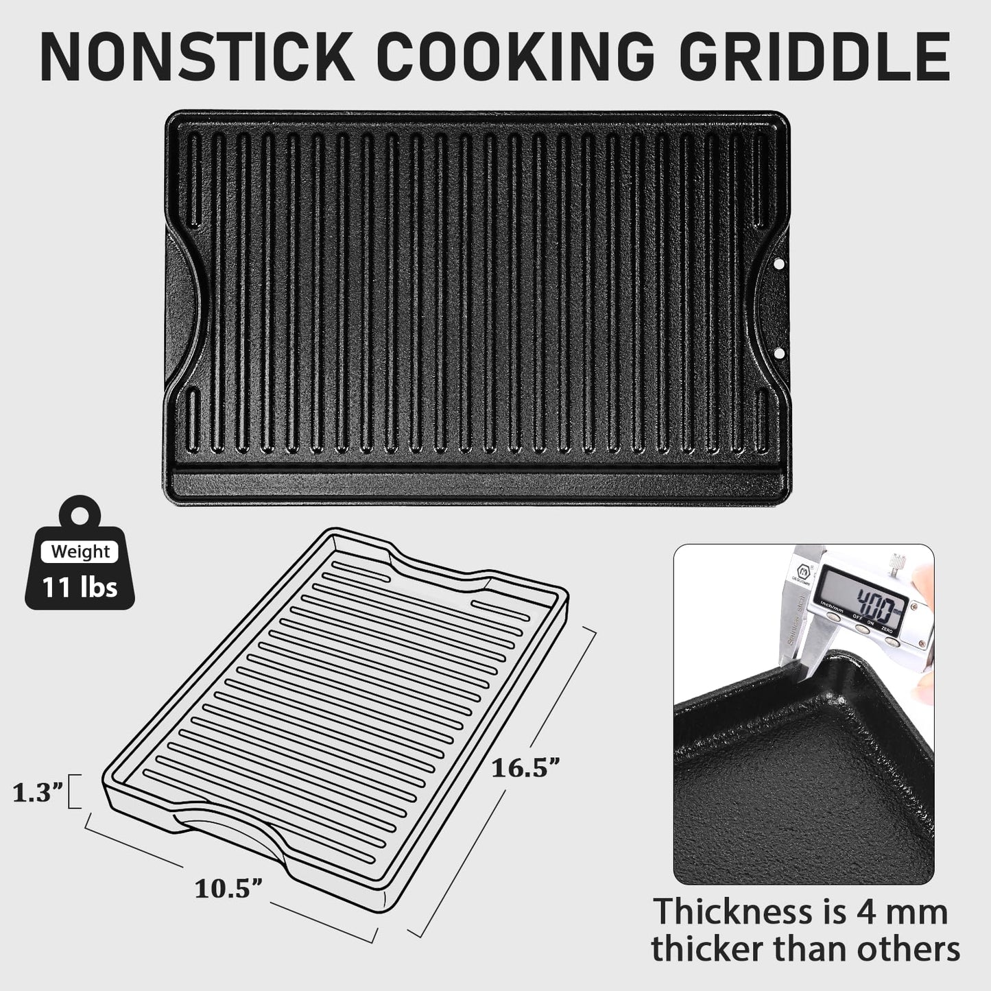 Utheer Nonstick Reversible Cast Iron Griddle 16.5" x 10.5", Ceramic Cooking Surface, Flat & Ribbed Sides, with High Sides & Grease Trap, Stovetop Griddle for Gas Grill, Charcoal, Oven & Outdoor BBQ