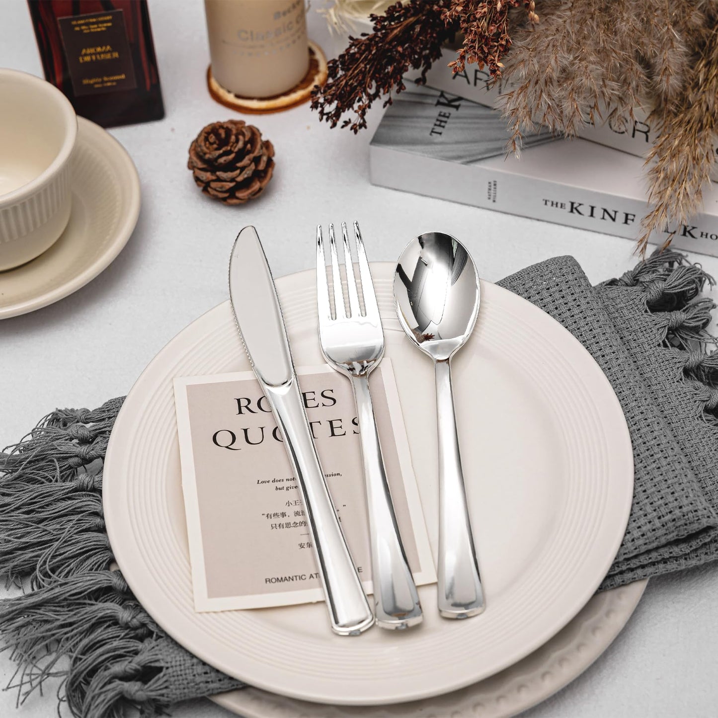 N9R 120PCS Silver Plastic Silverware, Silver Plastic Cutlery Set Disposable Flatware Dinnerware -60 Forks, 30 Spoons, 30 Knives for Wedding, Party, Birthday and Daily Use