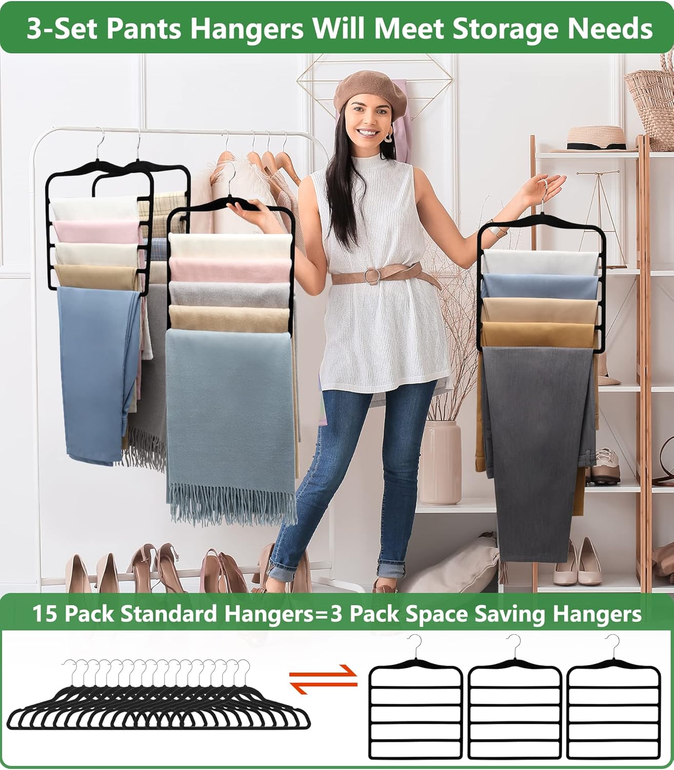 Skiennix Velvet Pants Hangers - Space-Saving Closet Organizers | 3-Pack for Dorm Rooms & College Students