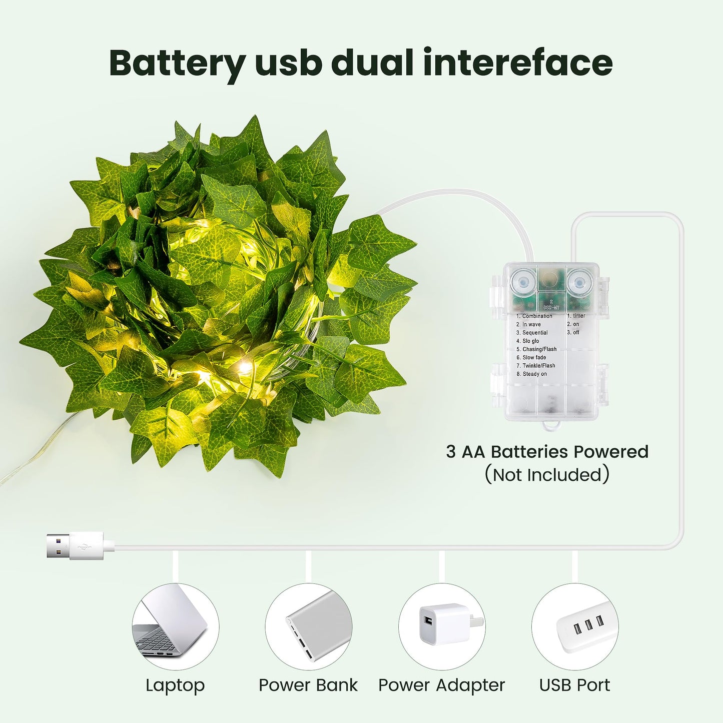 HEYFUNi Fake Ivy Vines with Lights, 23 Ft 73 Led Artificial Greenery Garland with Fairy Lights USB/Battery Operated, Leaf String Lights for Bedroom Aesthetic, Wall, Balcony, Wedding Decor, Warm White