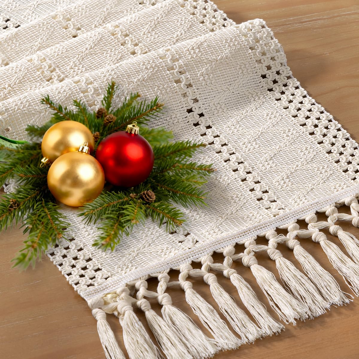 Socomi Boho Table Runner Macrame Long Summer Farmhouse Woven Cotton Linen Rustic Coffee Table Runner with Tassels for Dresser Scarf Home Decor Dining Room 12x108 inch Beige