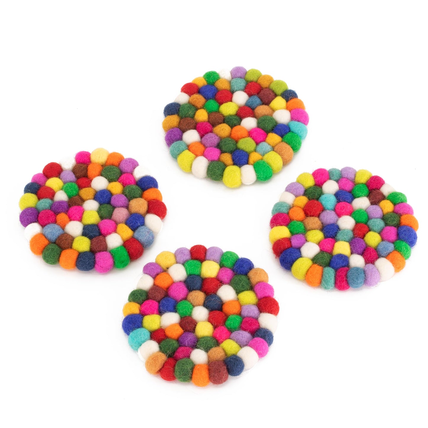 Set of 4 Round Felt Ball Coasters - 100% Merino Wool Table Coasters for Drinks and Bar - Absorbent, Heat Resistant, Thick & Durable Felt Coaster Pads - Handcrafted in Nepal, Eco-Friendly-White, B1400
