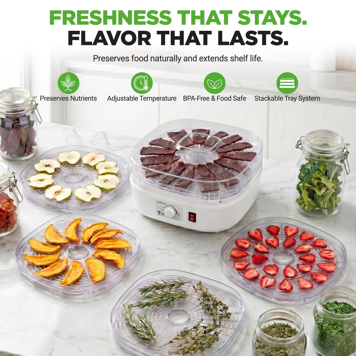Nutrichef Food Dehydrator Machine | Dehydrates Beef Jerky, Meat, Food, Fruit, Vegetables & Dog Treats | Great For At Home Use | High-Heat Circulation for Even Dehydration | 5 Easy to Clean Trays