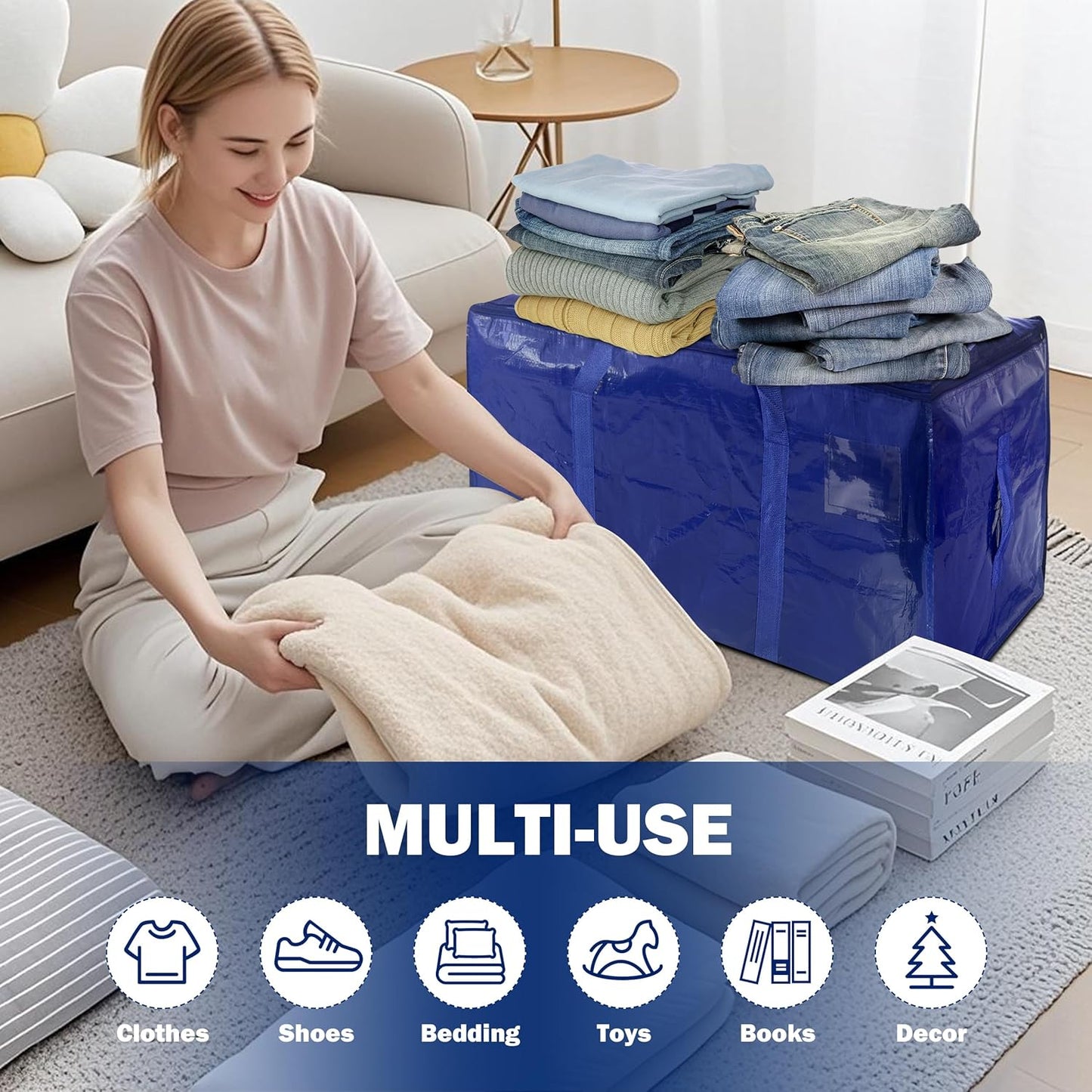 Skiennix Extra Heavy Duty Moving Bags - 8 Pack with Strong Zipper & Handles | 24 Gallon Dark Blue Storage Totes