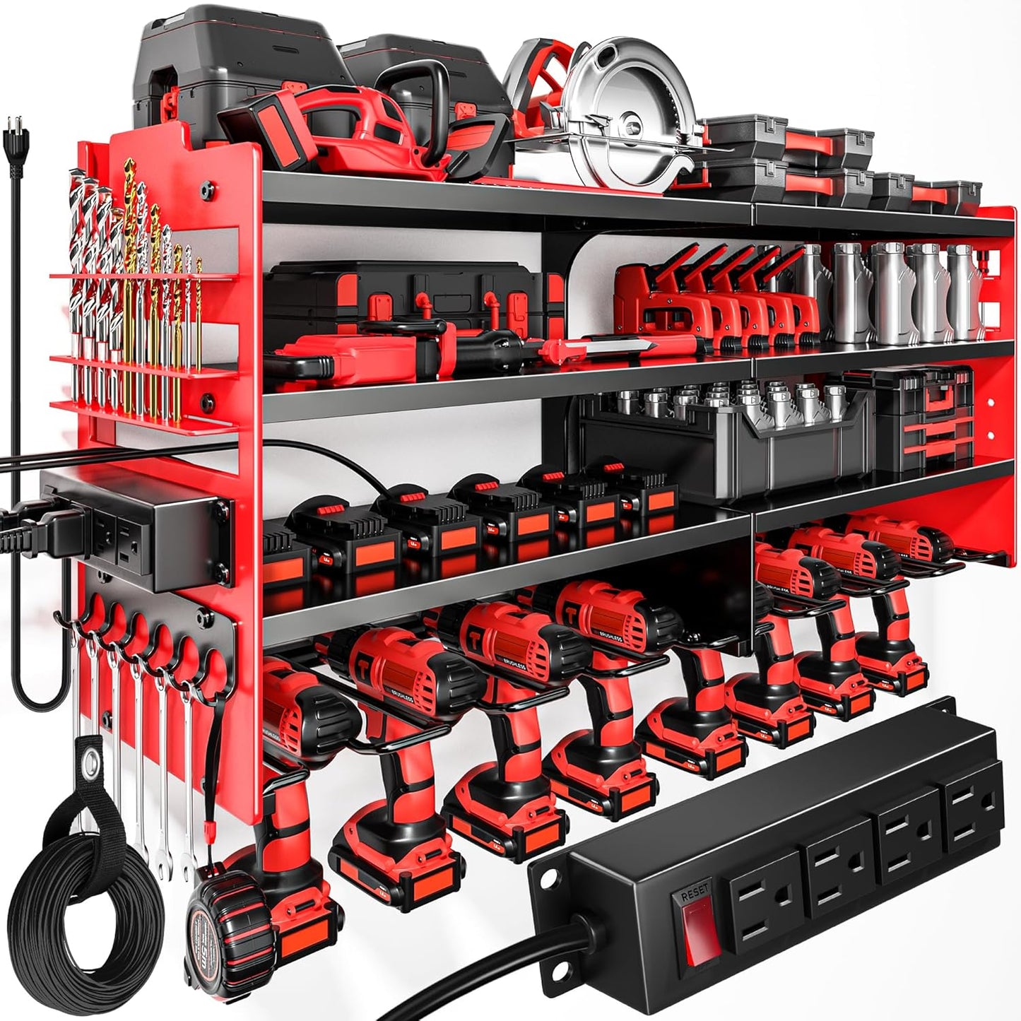 POKIPO Large Power Tool Organizer - Heavy Duty Wall Mount Storage Shelf with Charging Station | 600lbs Capacity, 4 Outlet Power Strip, 8 Drill Holders