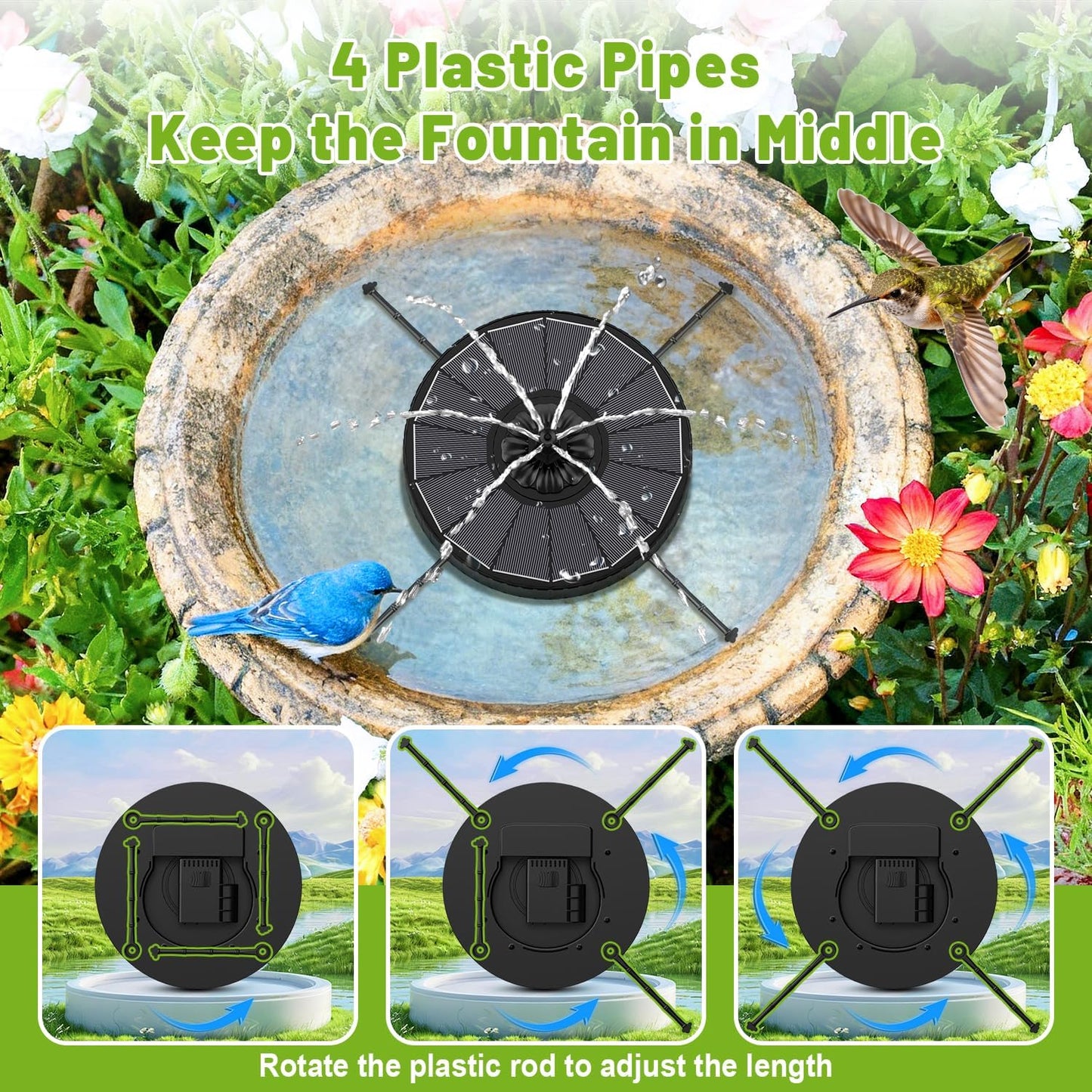 Skiennix Solar Fountain - 3 Spray Heights, 2000mAh Battery, 7 Nozzles for Garden & Pond