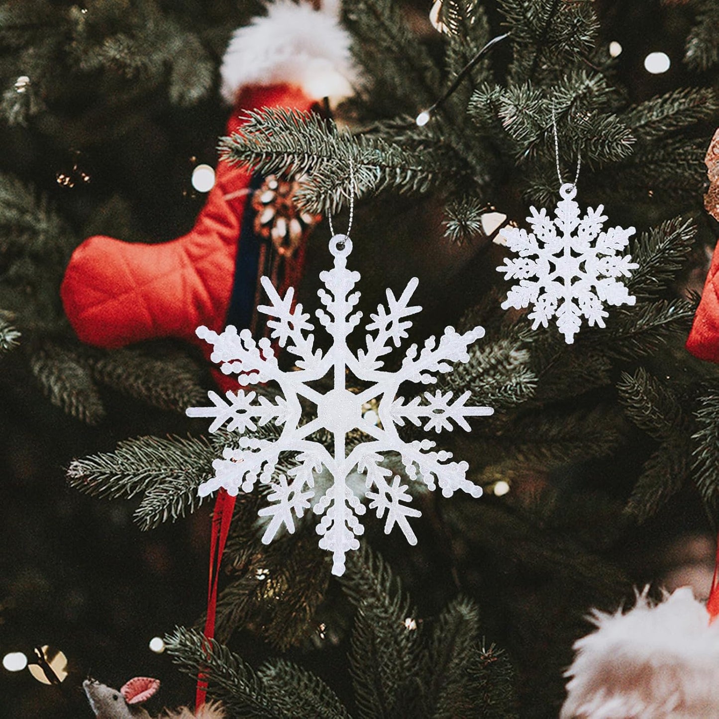 NEWMIAO Snowflake Ornaments - 36pcs Glitter Plastic Christmas Tree Decorations | 5 Unique Patterns