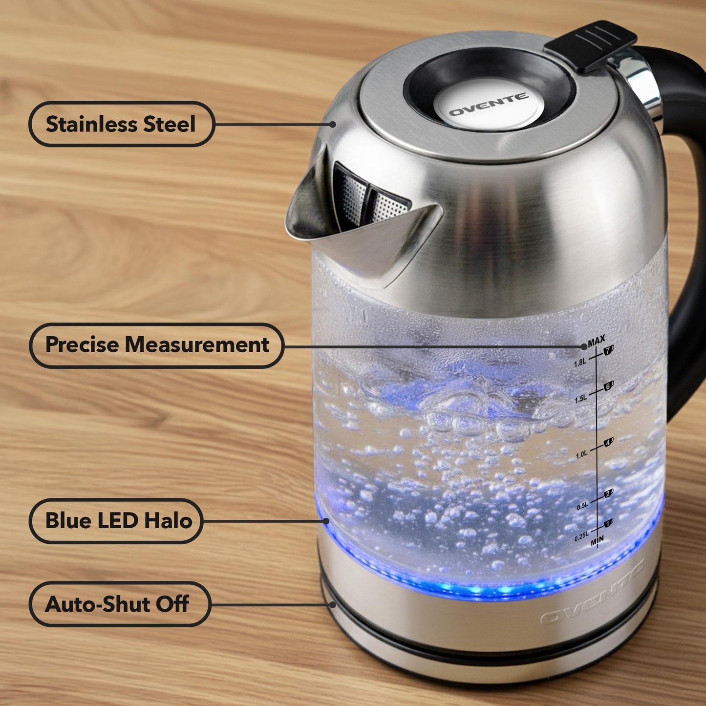 OVENTE Electric Kettle, 1500W No Plastic 1.8L Tea Kettle and Hot Water Boiler For Coffee or Tea, Easy to Fill Lid, Automatic Shut-Off, Borosilicate Glass with Stainless Steel Spout, Silver KG71S