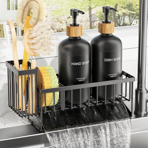 Cisily Dish Soap Dispenser Set - 2 Pack Black Glass Bottles with Adjustable Sponge Holder | Vintage Design