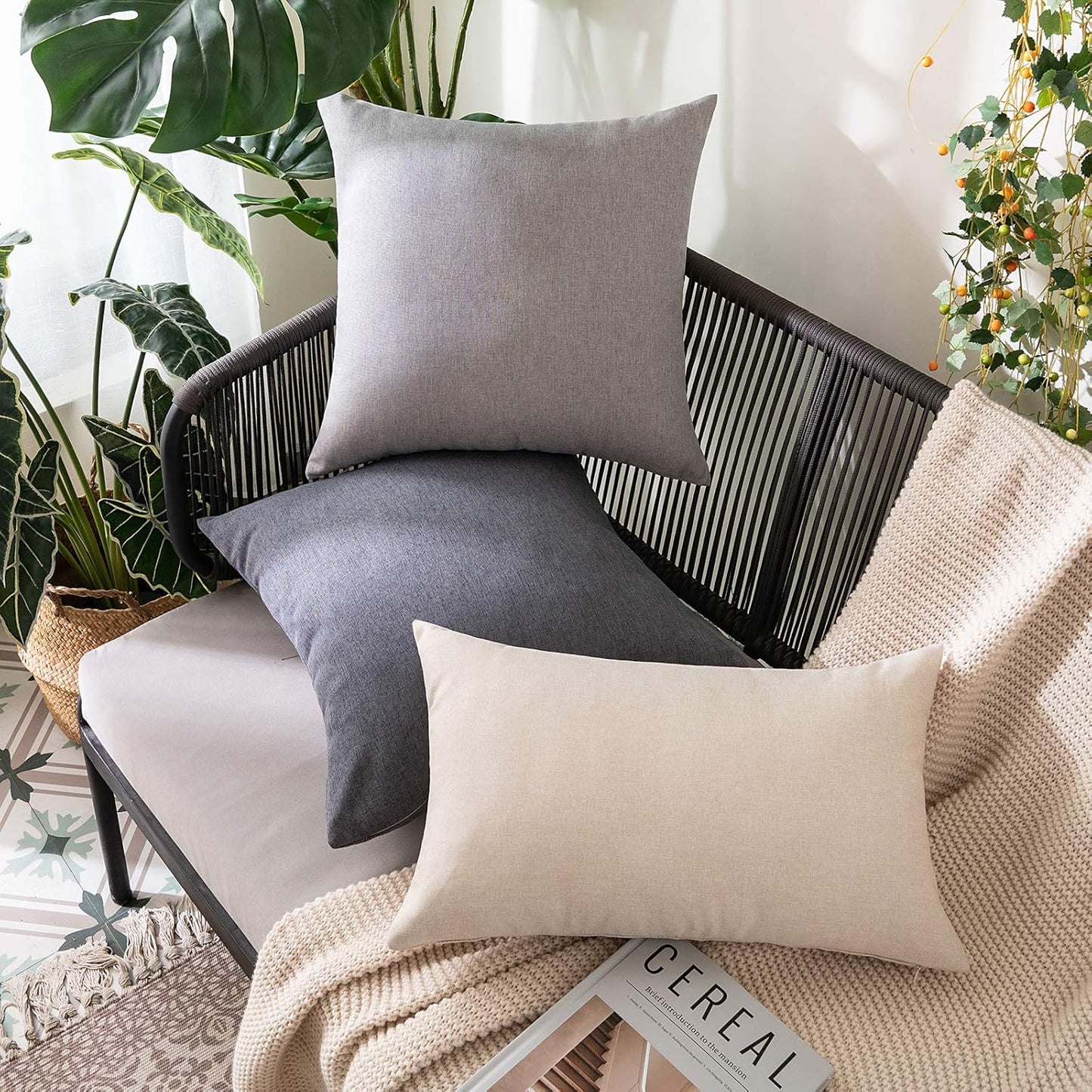 MIULEE Decorative Outdoor Throw Pillow Covers - Waterproof Faux Linen Cushion Cases | 22x22 Inch Dark Grey (Pack of 2)