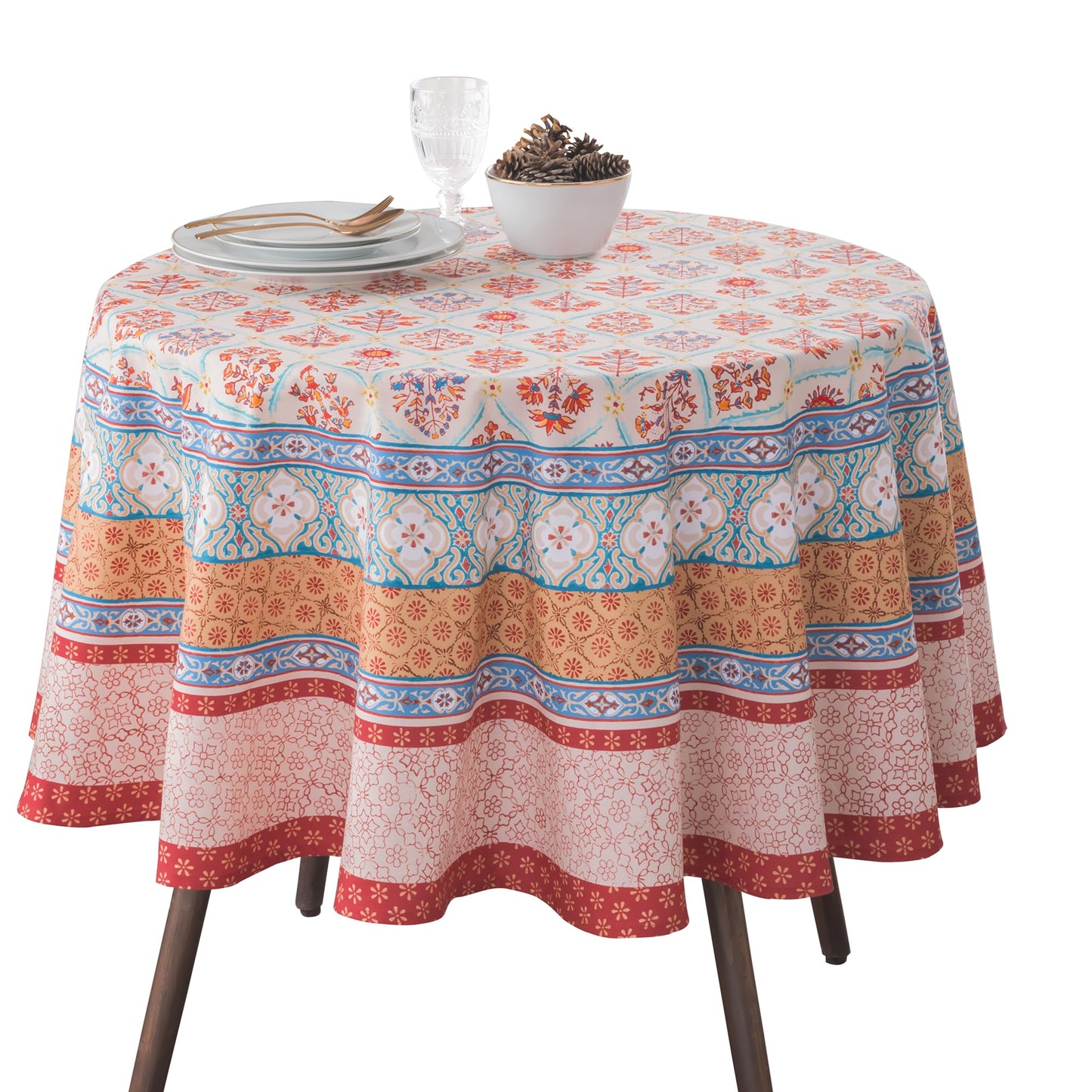 Maison d' Hermine Table Cloth Round Table 100% Cotton 63 Inches Fall Tablecloth Reusable Everyday Use for Thanksgiving Christmas Decorations Dining Farmhouse Party (Romane)