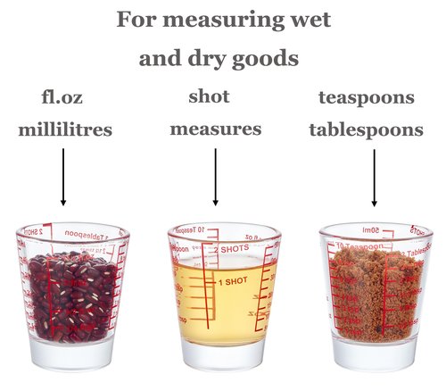 Ackers Mini Measure Heavy Glass, 32-Incremental Measurements Multi-Purpose Liquid and Dry Measuring Shot Glass, Red Single