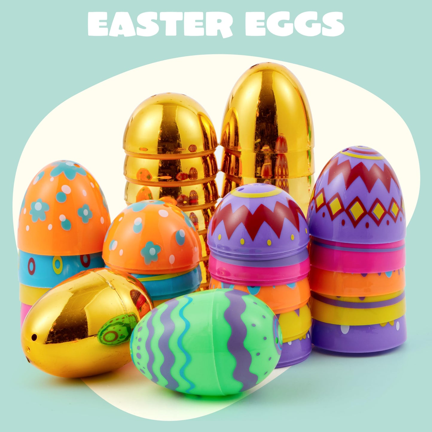 JOYIN 64 Pcs 3.15" Colorful Printed Eggs Include 8 Golden, Plastic Fillable Empty Eggs for Easter Hunt, Basket Stuffer Filler, Classroom Prize, Party Favors