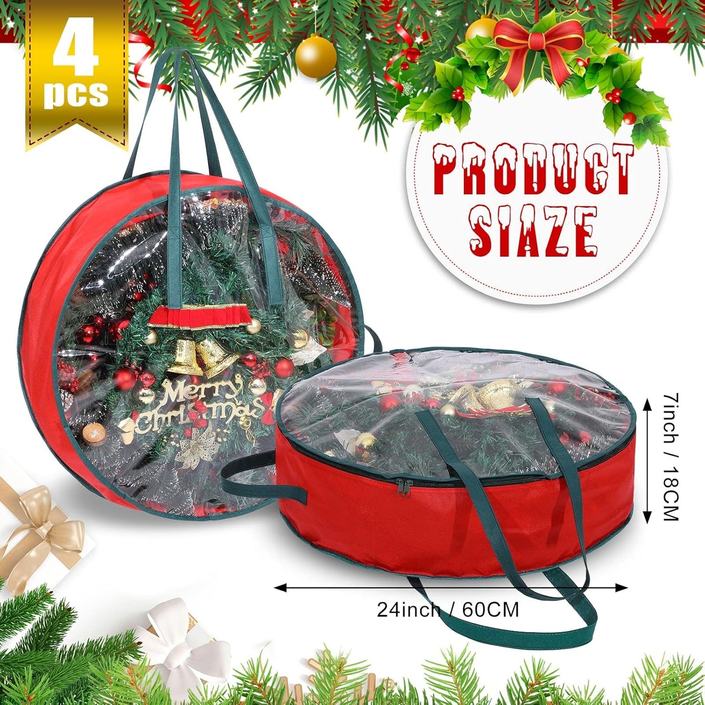 Shappy Wreath Storage Bag - 4 Pcs Clear Window Containers with Handle for Holiday Decor | 24 Inch