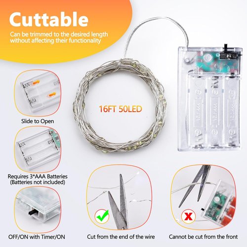 Joomer LED Fairy Lights - Battery Operated 4 Pack | 16FT 50 LED Cuttable Starry Lights with Timer for Indoor Decor