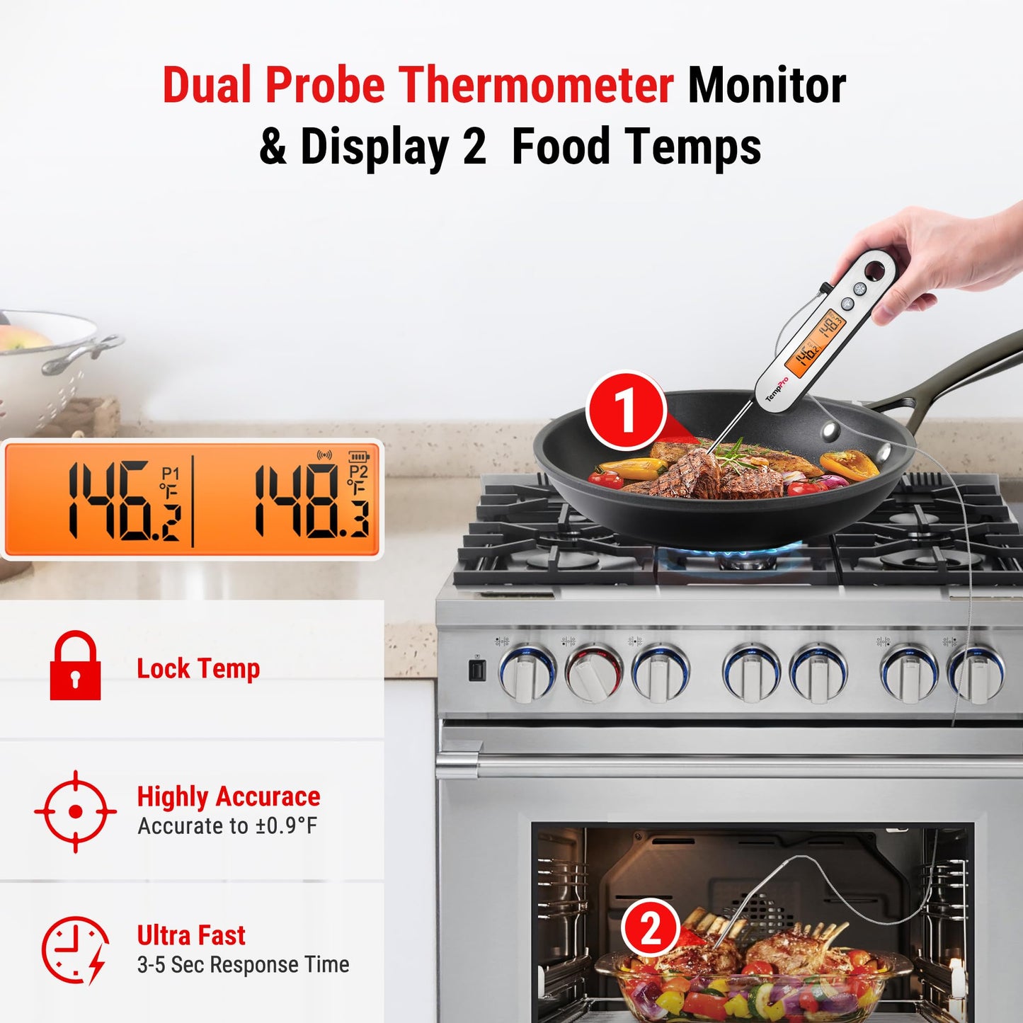 TempPro TP610 Rechargeable Instant Read Thermometer for Cooking, Stainless Steel Meat Thermometer Digital with Alarm, Waterproof Cooking Thermometer for Grill, Smoker, BBQ, Oven(Previously ThermoPro)