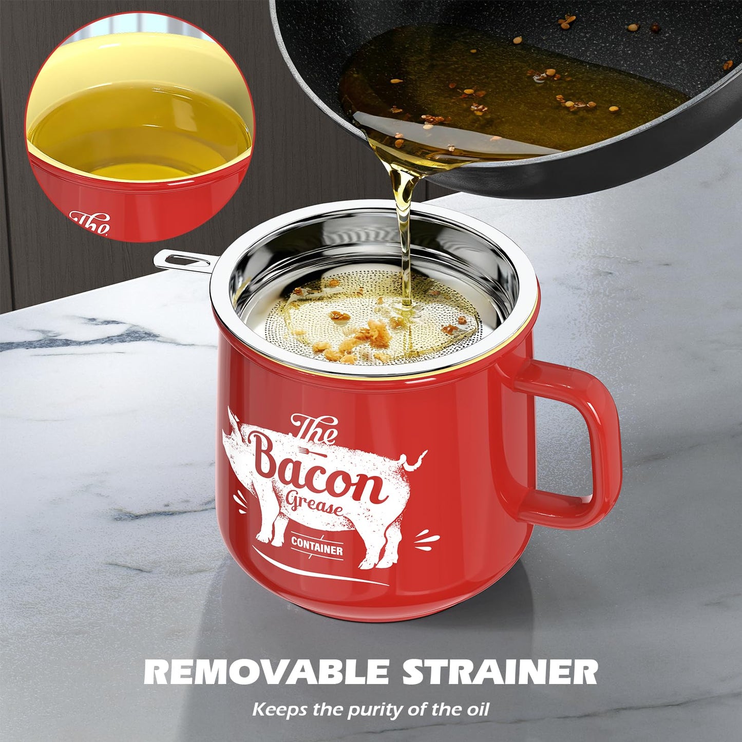 PGYARD Ceramic Bacon Grease Saver With Strainer - 23OZ Bacon Grease Container Farmhouse Keeper For Kitchen Fat Storage-Red