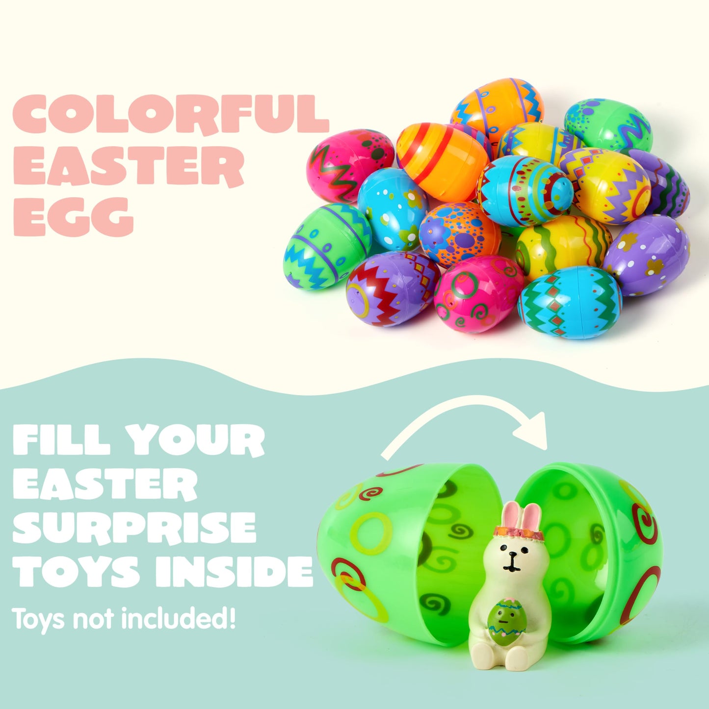 JOYIN 24PCS 3.15" Printed Easter Eggs, Empty Fillable Colorful Plastic Eggs Bulks for Easter Hunt, Basket Stuffers Filler, Classroom Prize Supplies