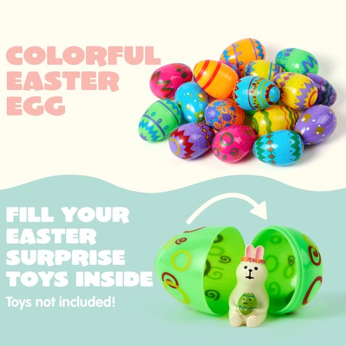 JOYIN 18PCS 3.15" Printed Easter Eggs, Empty Fillable Colorful Plastic Eggs Bulks for Easter Hunt, Basket Stuffers Filler, Classroom Prize Supplies