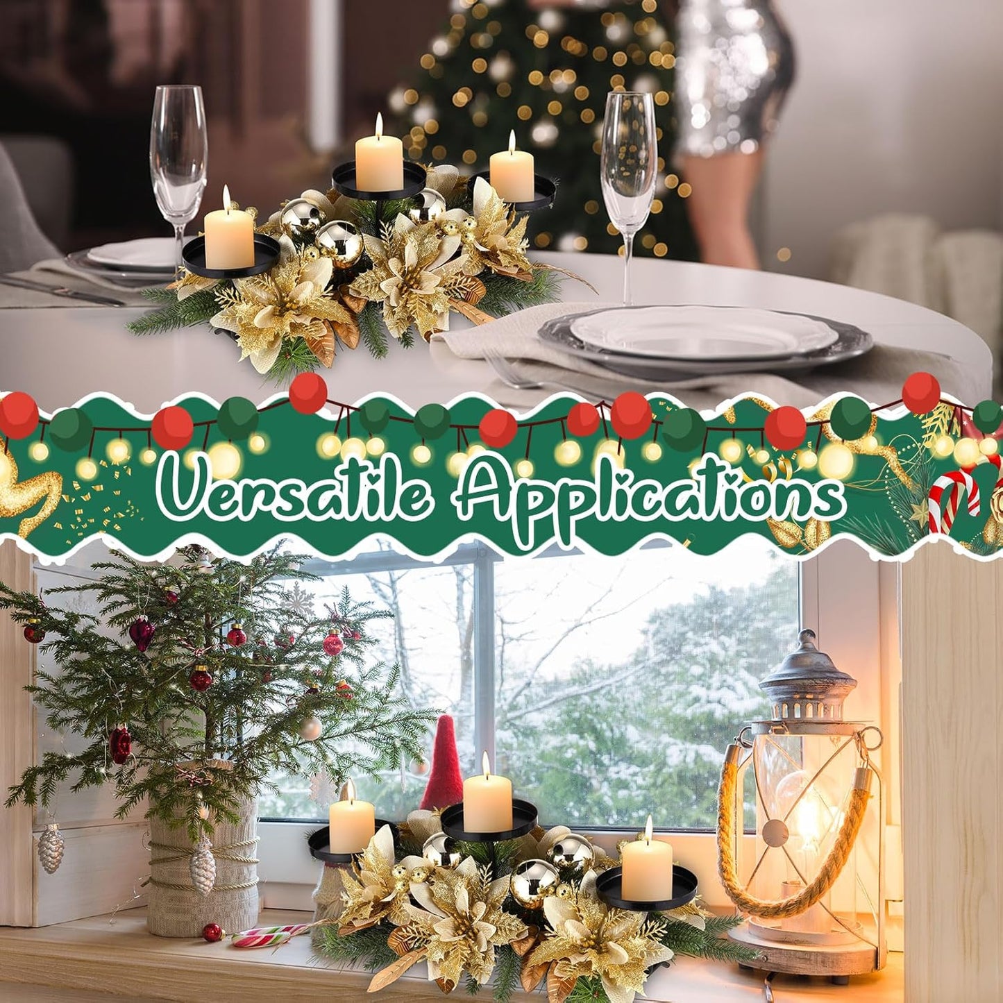 Regine Switzerland Christmas Table Centerpiece - 3 Candle Holders with Gold Poinsettia & Pinecones