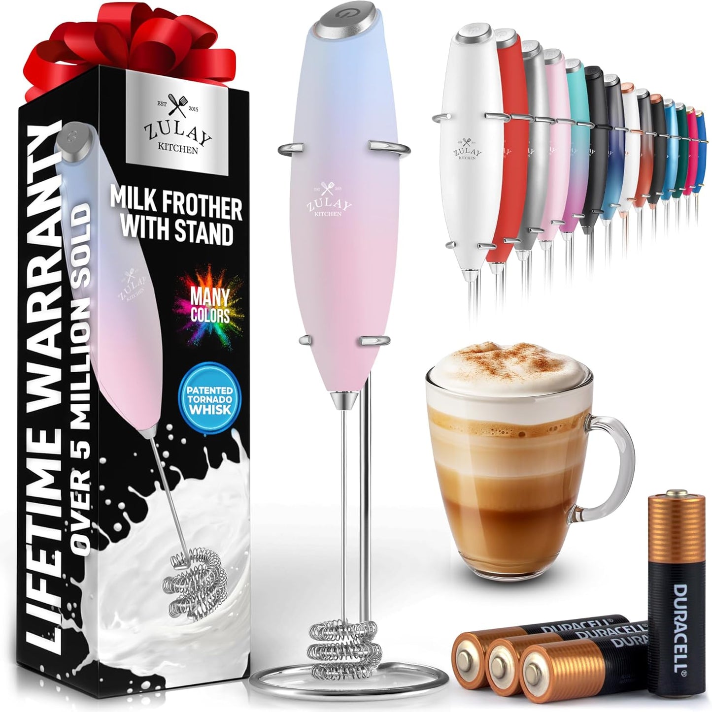 Zulay Kitchen Tornado Triple Whisk Milk Frother - Handheld Foam Maker for Coffee & Lattes - Orchid Color with 4 Duracell Batteries