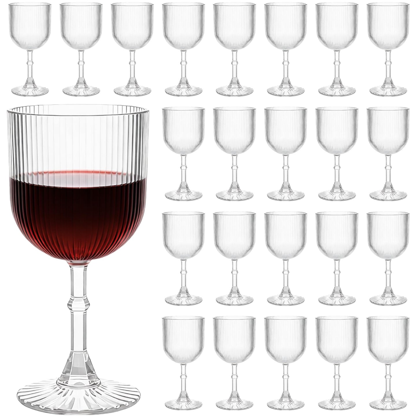 LEYIQU Plastic Goblets, 9oz Ribbed Acrylic Wine Glasses, Vintage Drinking Glasses with Stem, Unbreakable Reusable Disposable Water Goblets Bulk for Parties Weddings Dinner Mother's Day (Clear, 24pcs)