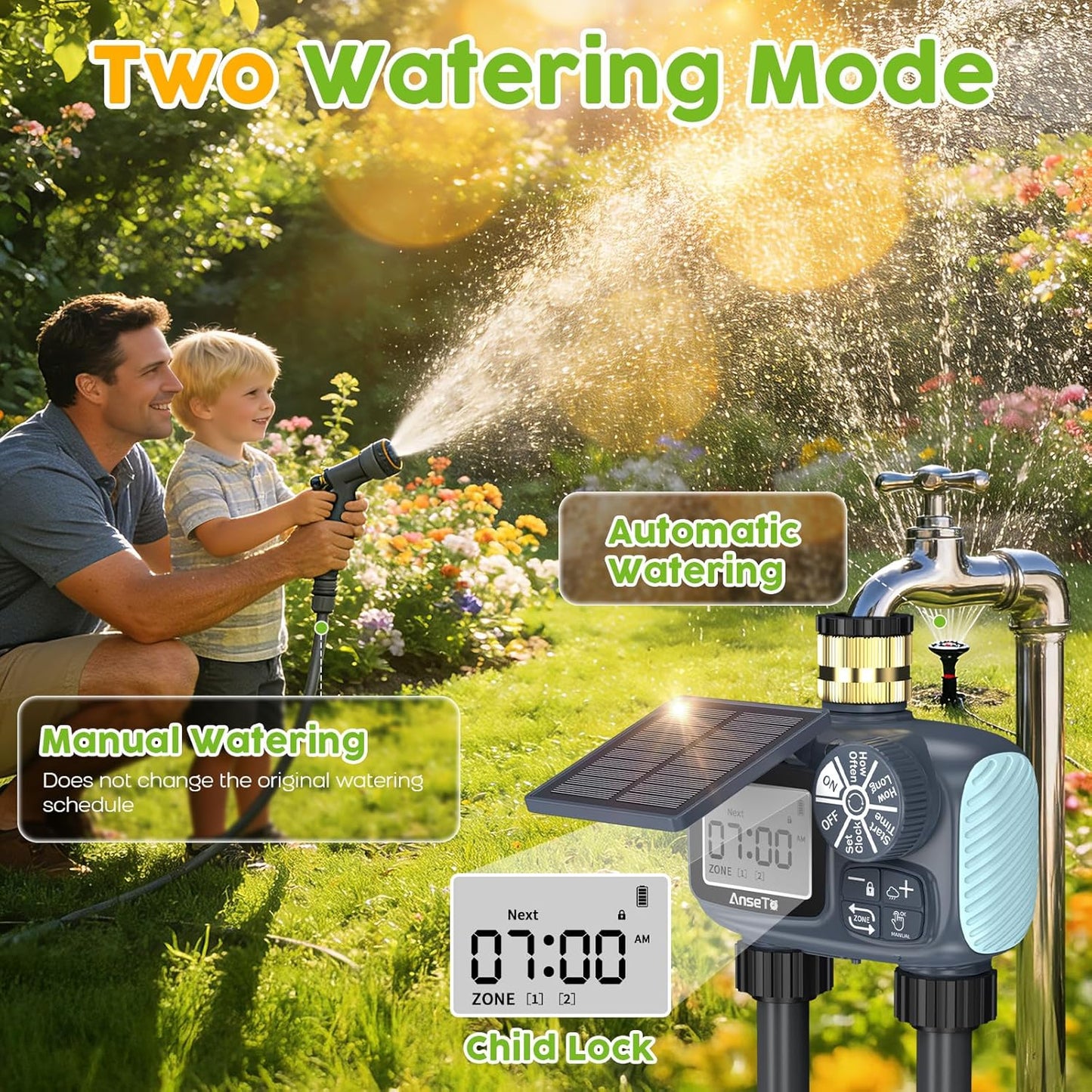 Skiennix Solar Sprinkler Timer - Programmable Brass Inlet Hose Timer for Efficient Garden Watering | 2 Outlet