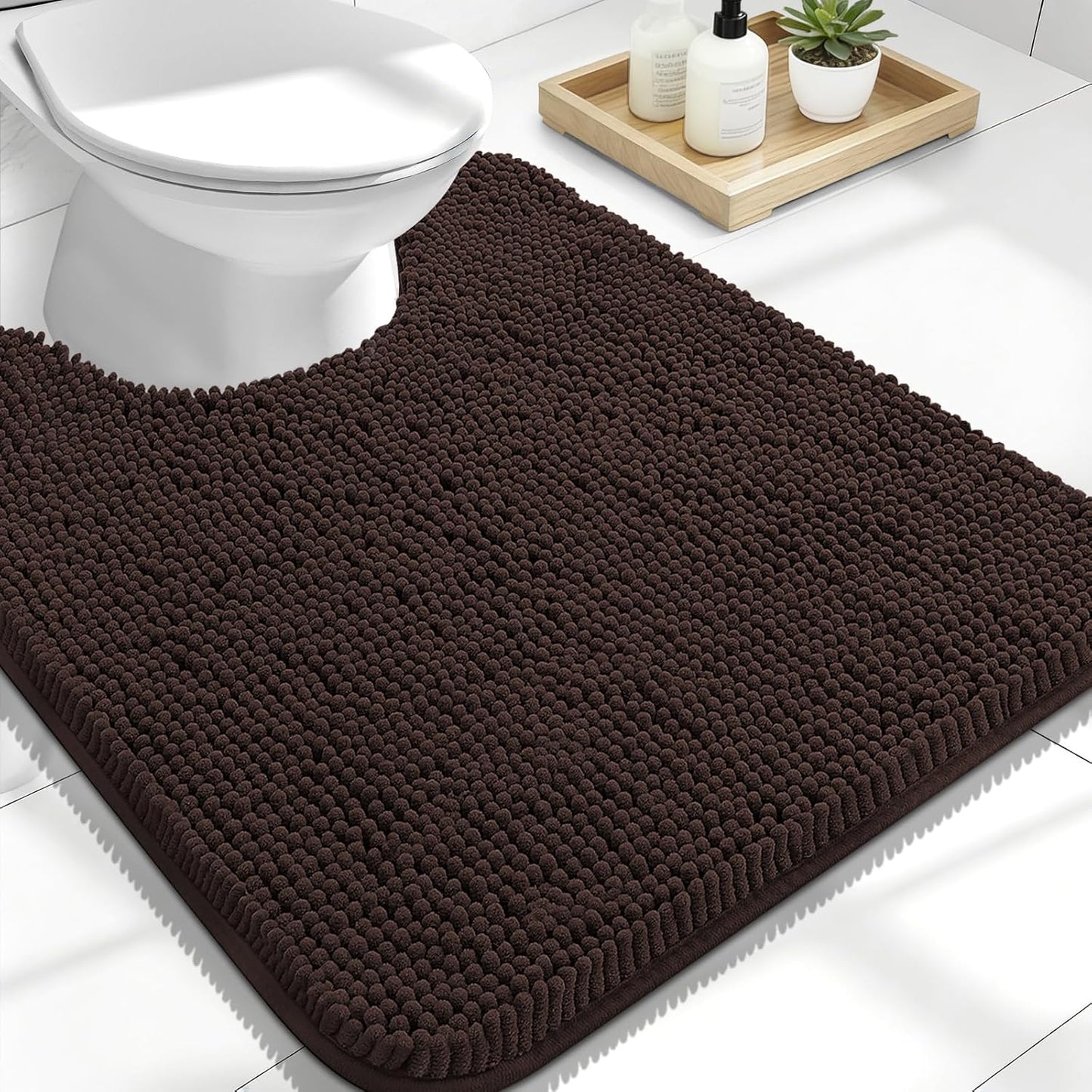 OLANLY U-Shaped Toilet Rug - Extra Soft Chenille, Quick-Dry, Non-Slip Bathroom Mat | 24x20, Brown