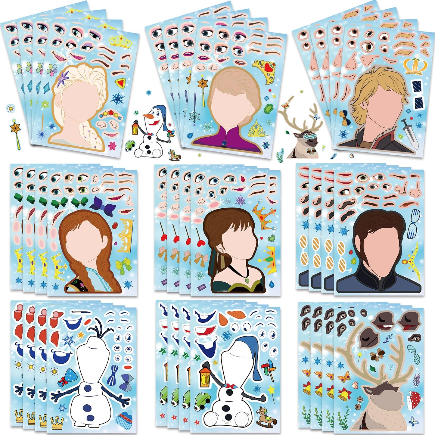 36Pcs Frozen Party Favors Stickers, Make Your Own Stickers for Kids Make a Face Sheets, Fun Gifts for Kids Birthday Party Supplies Mix and Match Sticker Bday Party Favor Decorations for Girls