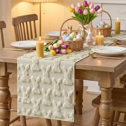 Artoid Mode Beige Soft Plush Faux Fur Jacquard Bunny Rabbit Easter Table Runner, Seasonal Spring Kitchen Dining Table Decoration for Home Party Decor 13x72 Inch